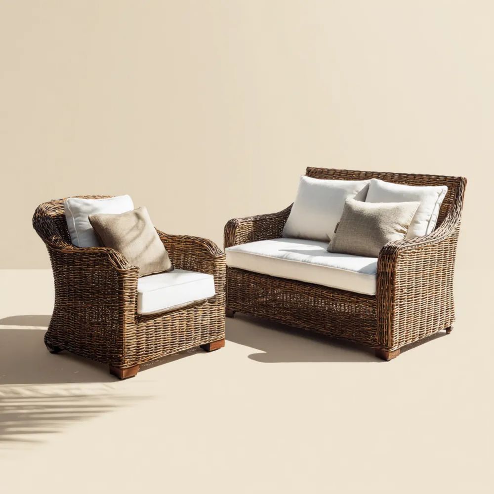 Garten-Sofaset Rattan 2-Sitzer & Sessel 130x75x80 cm & 75x75x80 cm – Natürliche Farbe – Klassisches Design