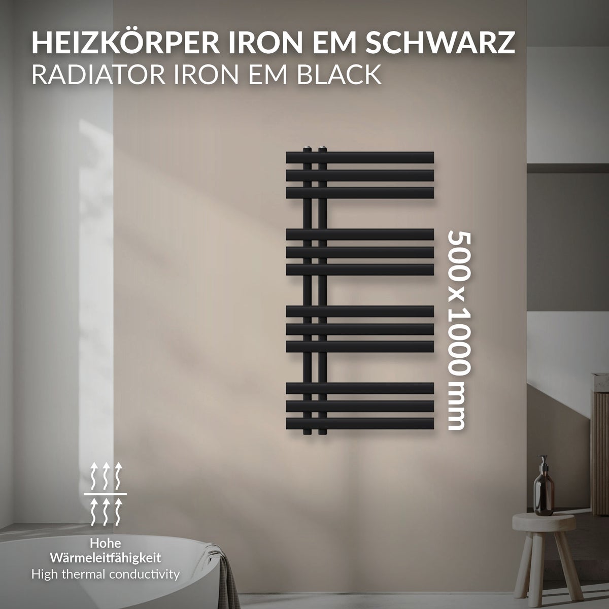 LuxeBath Design Badkamerradiator Iron EM 500 x 1000 mm, Mat Zwart, Designradiator Paneelradiator Platte radiator Handdoekverwarmer Handdoekdroger Badkamer/Woonkamerverwarming, incl. Montageset