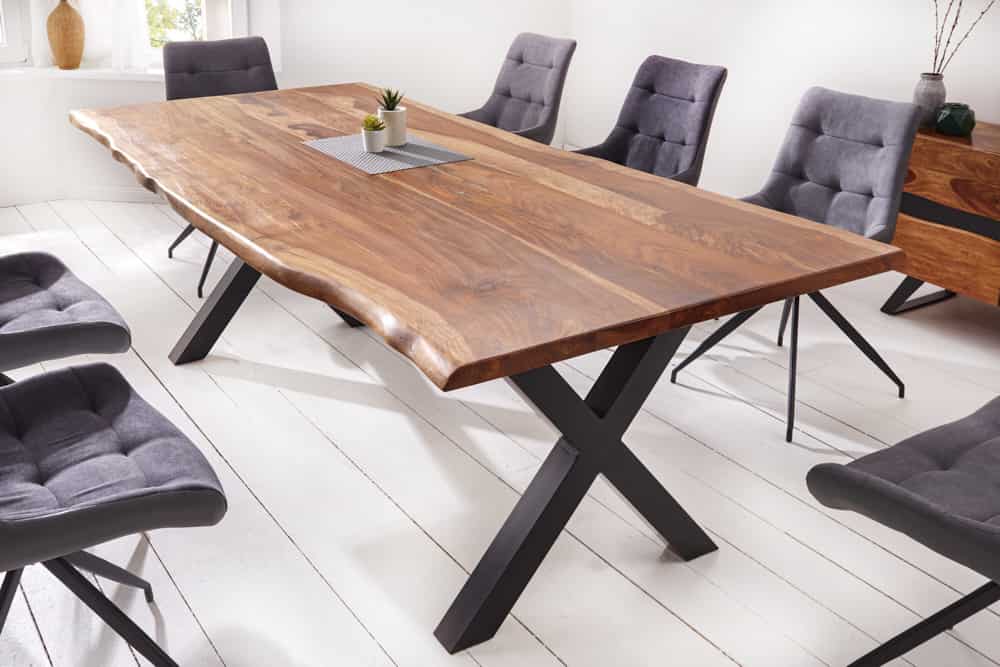 Massivholz Baumkanten Esstisch AMAZONAS 200cm braun Sheesham schwarzes Metallgestell