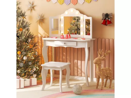 Coiffeuse Enfants et Tabouret 2 en 1 avec Miroir Amovible & Lumières LED, Table de Maquillage Princesse avec Tiroir de Rangement, 3 Ans+, 70x34x103CM(Blanc)