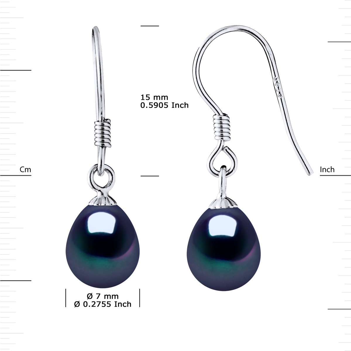 Crochets d'Oreilles Perles d'Eau Douce Poires 7-8 mm Noires Argent 925