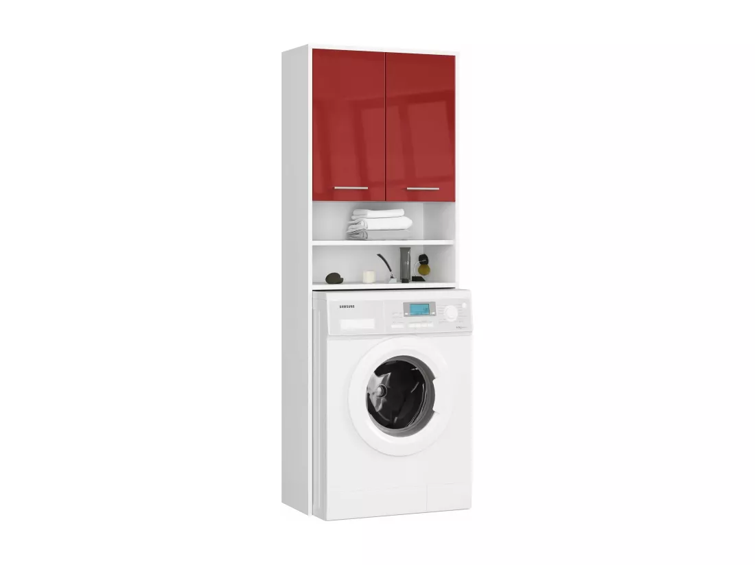 meuble machine a laver 2 portes rouge brillant 4 étagères 64x30x180 cm