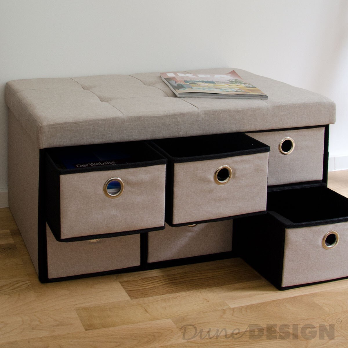 Faltbare Sitzbank 76x38x38cm mit 6 Schubladen Sitztruhe 80L Polsterbank Ottomane Leinen Beige Grau