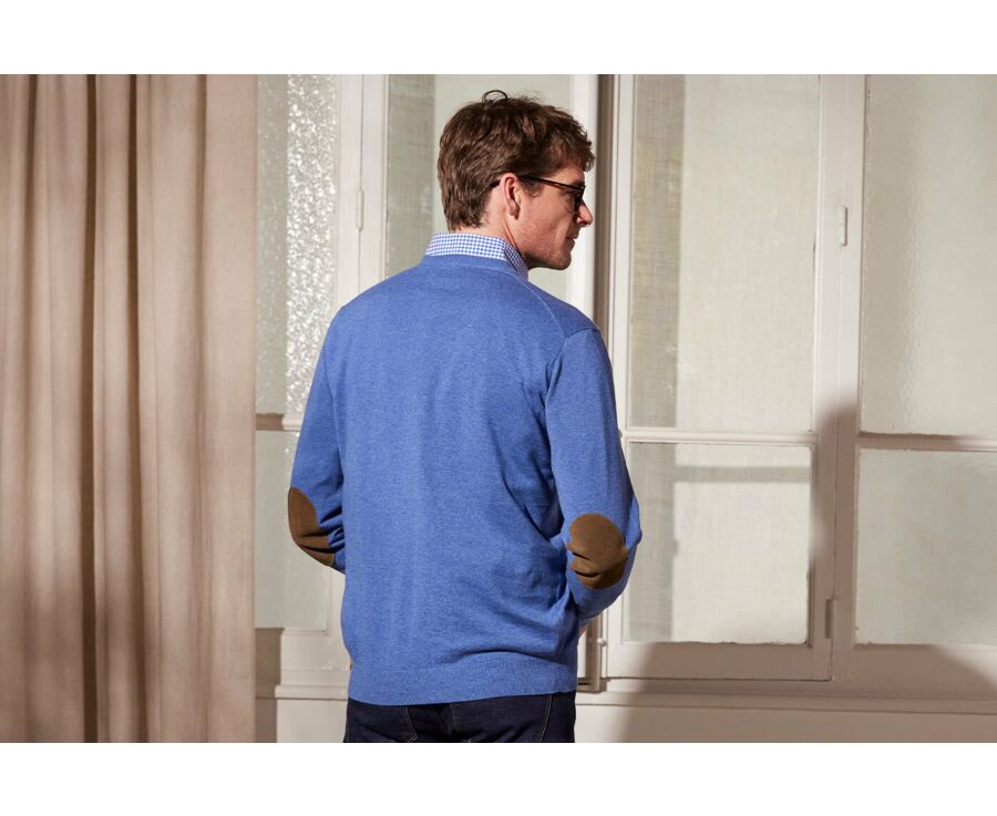 Pull fin coton bio/cachemire col V Bleu - VADIM