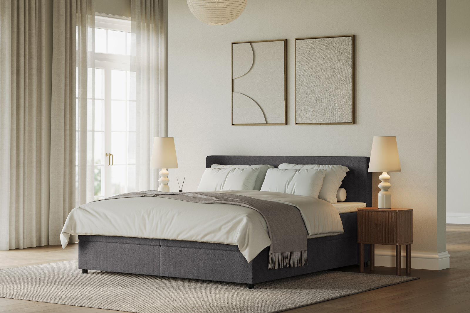Premium 10 oppbevaringsseng 180x200 cm Magasinseng med oppbevaring, åpnes fra siden. I tekstil storm 97 grå, med medium/fast fasthetsgrad og premium 10 overmadrass,sorte ben. Sengegavl selges separat.