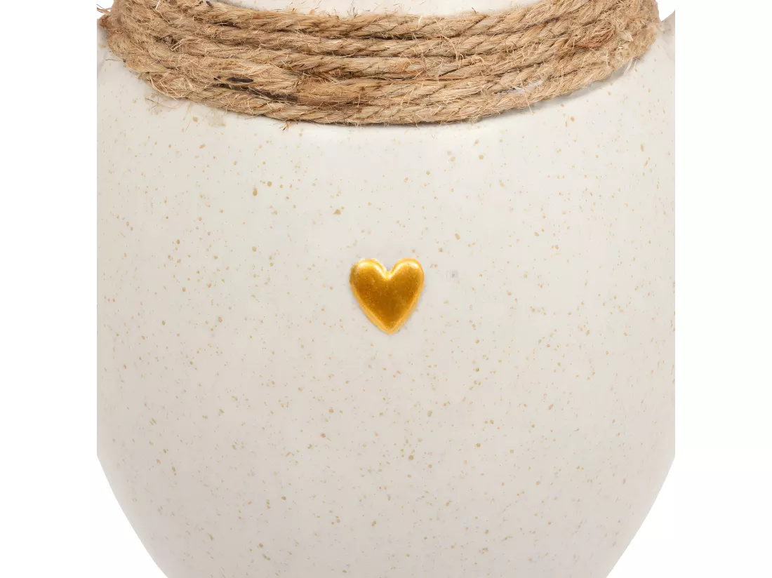 Vase Blanc en céramique sablé avec Coeur doré et corde en Jute H 22 cm