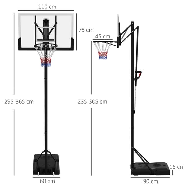 Basketballkurve høydejusterbar 295-365 cm med stativ og hjul, basketballsystem for utendørs, solid stål