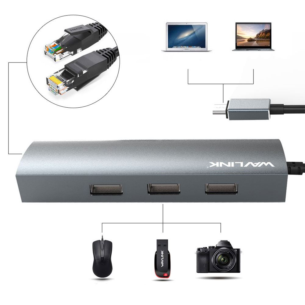 (5 Gbit/s) USB C 3-fach USB A   Ethernet LAN (RJ45) Multiport Adapter Highspeed Aluminium Hub (WL-UH3031GC) - Silber