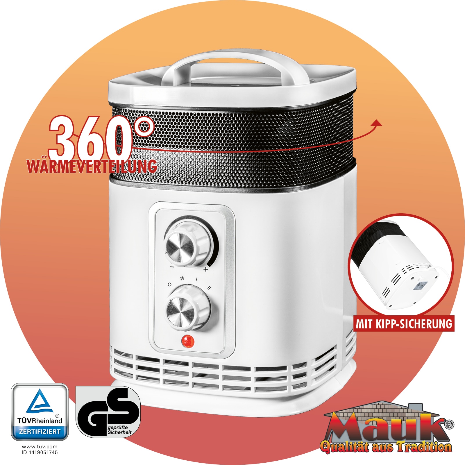 Mauk PTC Keramikheizlüfter 360 Grad 1500W mit Ventilatorfunktion