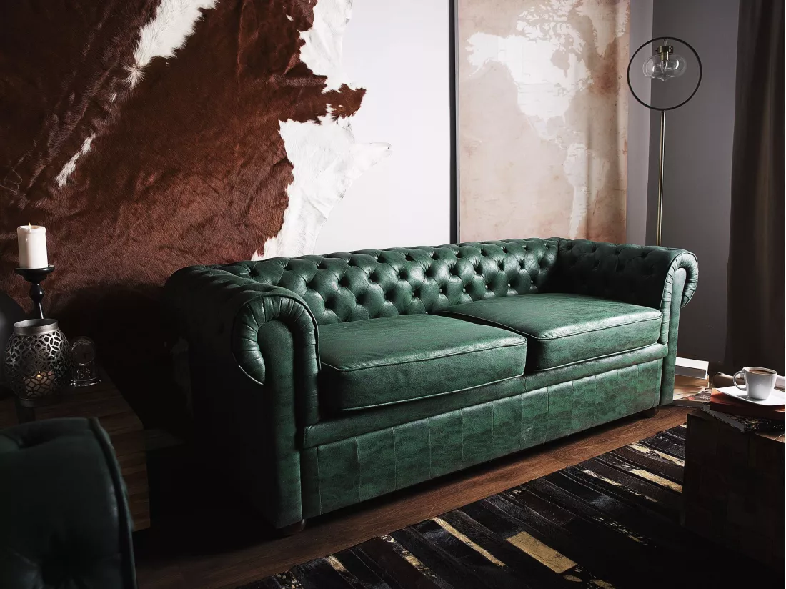 Canapé 3 places en cuir PU vert CHESTERFIELD