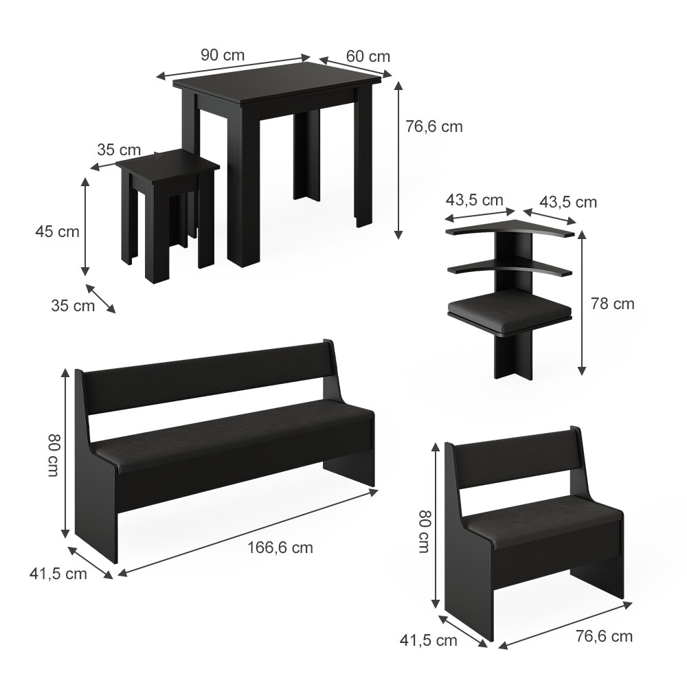 Vicco Eckbankgruppe Küchensitzgruppe Esszimmergruppe Roman Schwarz modern 210x120 cm Sitzbank Sitzecke Küchentisch Tischhocker Küchenmöbel Polstermöbel Esszimmermöbel