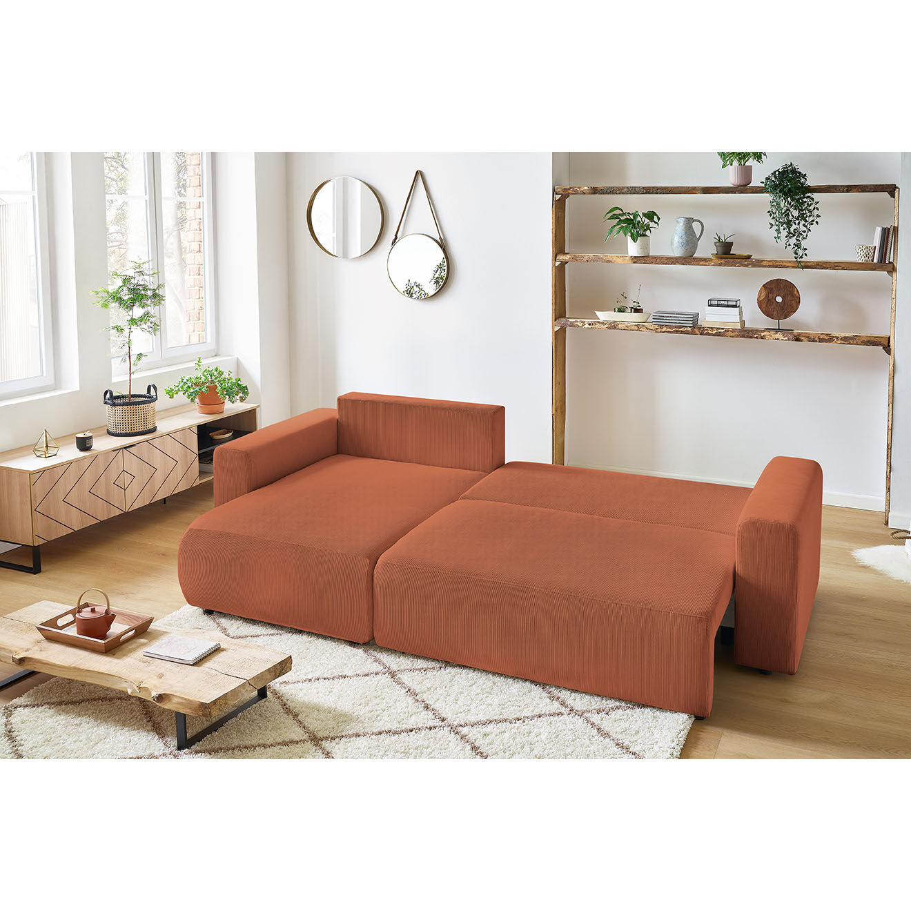 Bobochic Canapé d'angle convertible reversible velours côtelé Envy orange - 282x153x95 cm