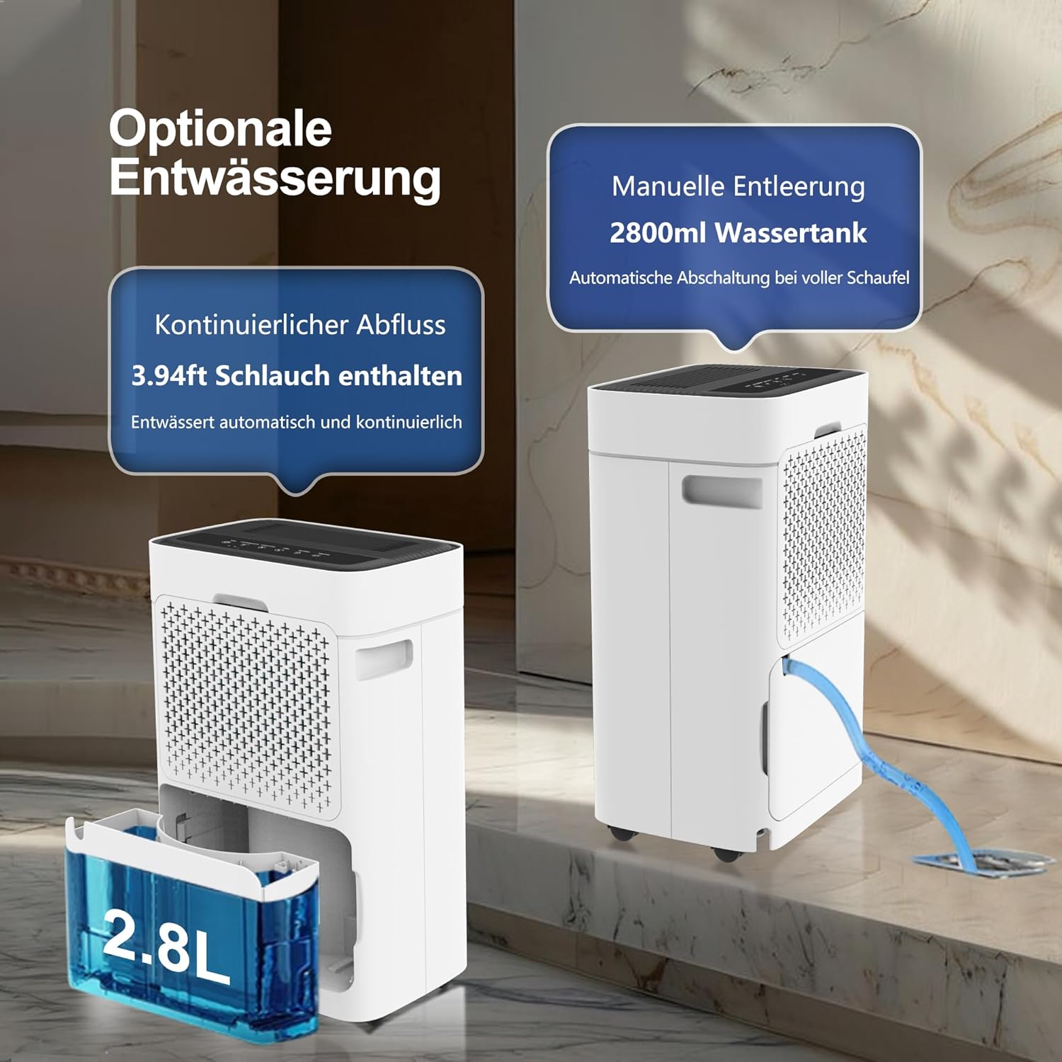 Luftentfeuchter 25L, Entfeuchter elektrisch, Luftentfeuchter Keller für Räume bis zu 150m³/50m², Raumentfeuchter elektrisch mit Ablaufschlauch, Timer, 10 J. Gar.
