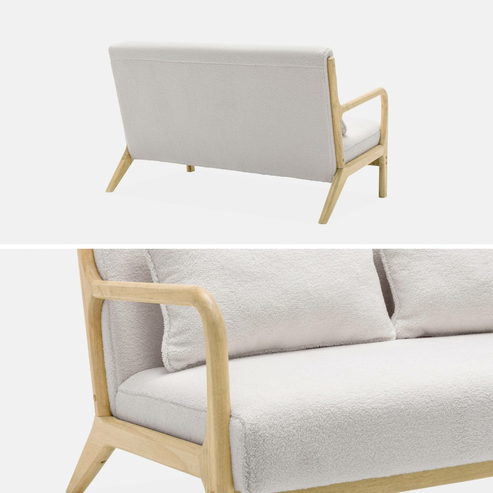 Banquette 2 places scandinave en bois et tissu bouclette. Lorens. L 124 x p 83 x h 77cm