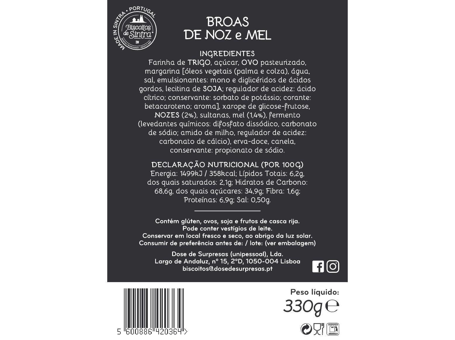 BROAS BISCOITOS DE SINTRA DE NOZ E MEL 330GR