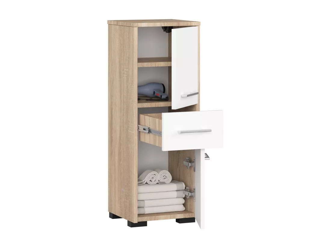 Colonne salle de bains AKORD FIN Chêne Sonoma 30 cm 2 portes 1 tiroir façade Blanche 3 étagères 30x30x85 cm