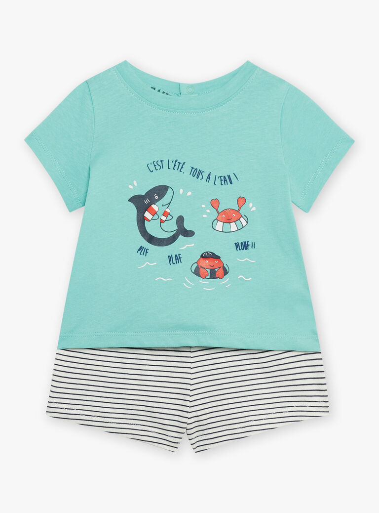 T-shirt et short vert d'eau, bleu marine et blanc en jersey