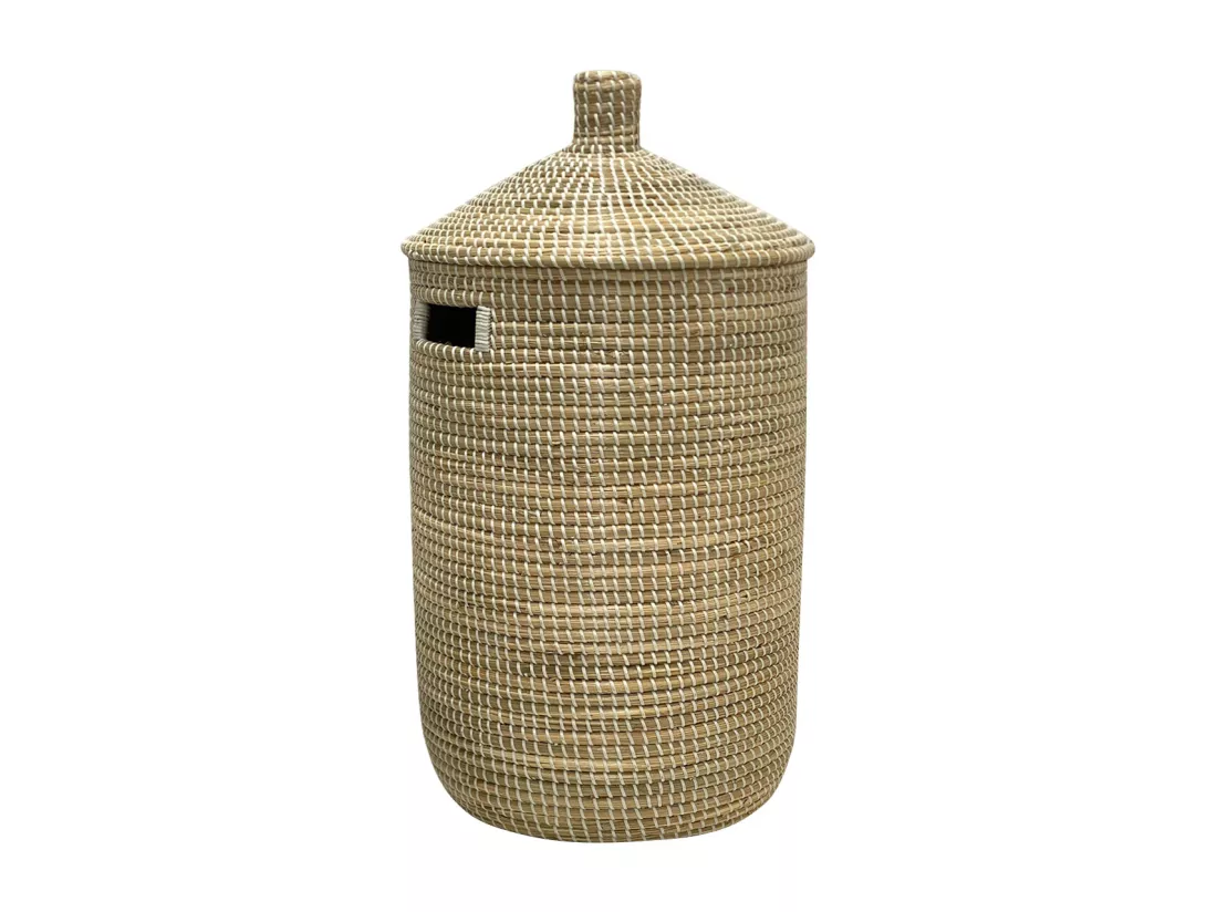Panier en jonc de mer avec couvercle - D. 39 x H.71 - Naturel - JUVAMI