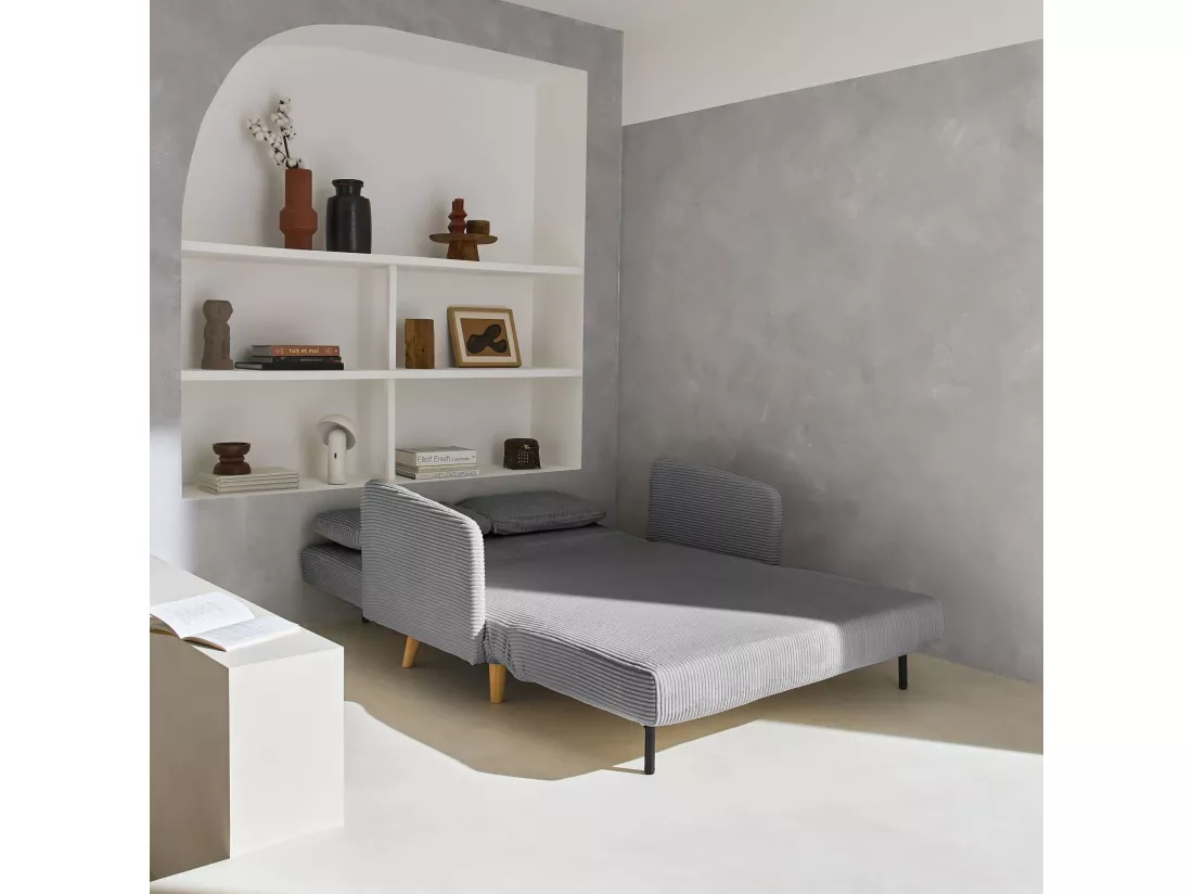 Canapé convertible en velours côtelé - Panam - 2 places scandinave. pieds bois. gris clair. banquette. dossier inclinable