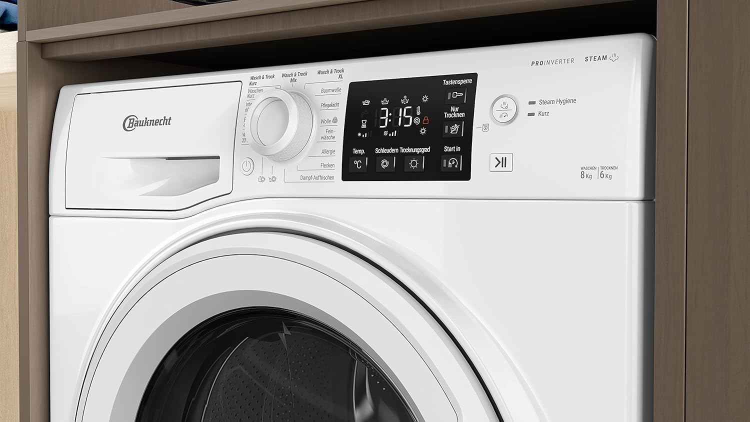 Bauknecht WT Eco Plus 86 43 N Waschtrockner/ 8/6 kg Waschen/Trocknen / Active Care Wash & Dry Technologie /Flecken 40° / Dampf-Programm / Wolle-Programm / Nachlegefunktion / PRO-Inverter Motor, Weiß