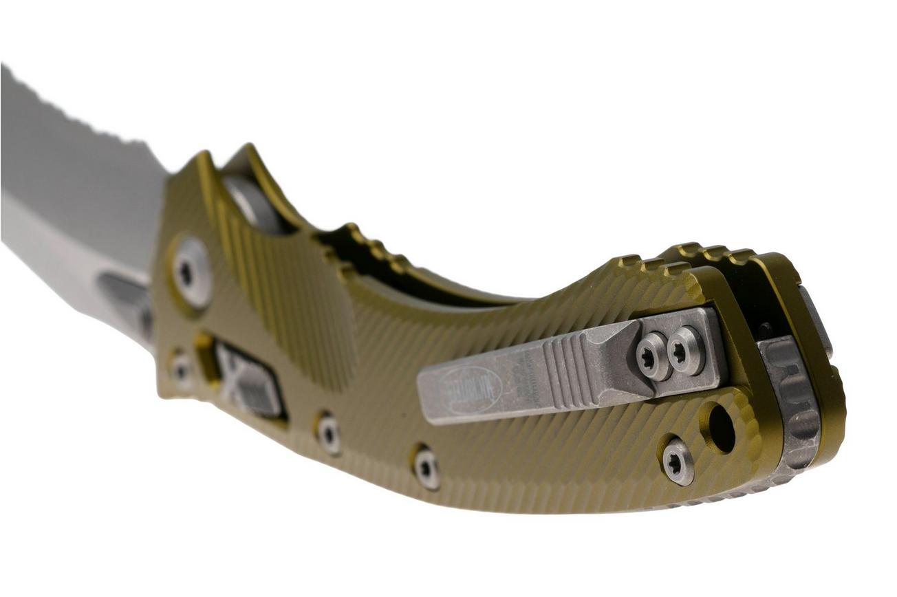 Microtech Amphibian 137RL-11APFLOD, Apocalyptic Stonewashed M390MK, Fluted OD Green Aluminum, partial serrated zakmes
