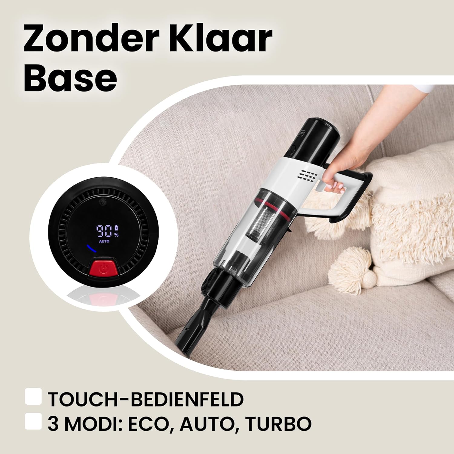 Zeegma ZONDER KLAAR Base Kabelloser aufrechter Staubsauger 250 W / 23 000 Pa, Laufzeit bis zu 55 Min., 3 Betriebsmodi, LED-Bürstentechnologie, intelligenter Staubsensor, Nassbodenreinigungsfunktion