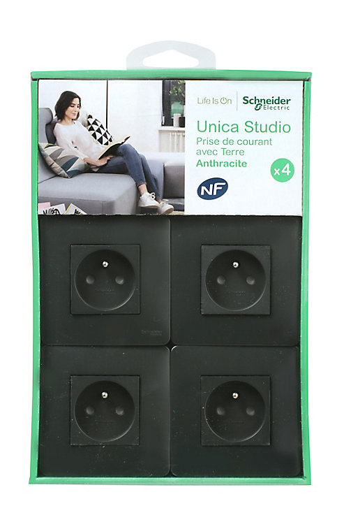 Prise avec terre complète Schneider Electric Unica Déco anthracite, lot de 4