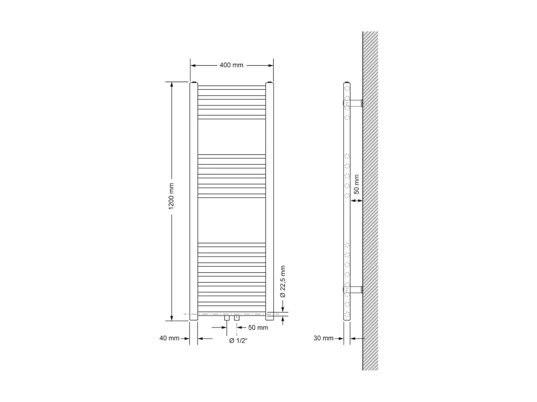 Radiateur sèche-serviette forme droite anthracite connexion central 40x120 cm