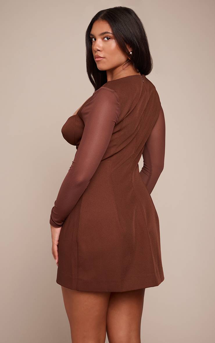 Marron Robe Mini Moulante Tissée À Manches Longues Et Décolleté Plongeant