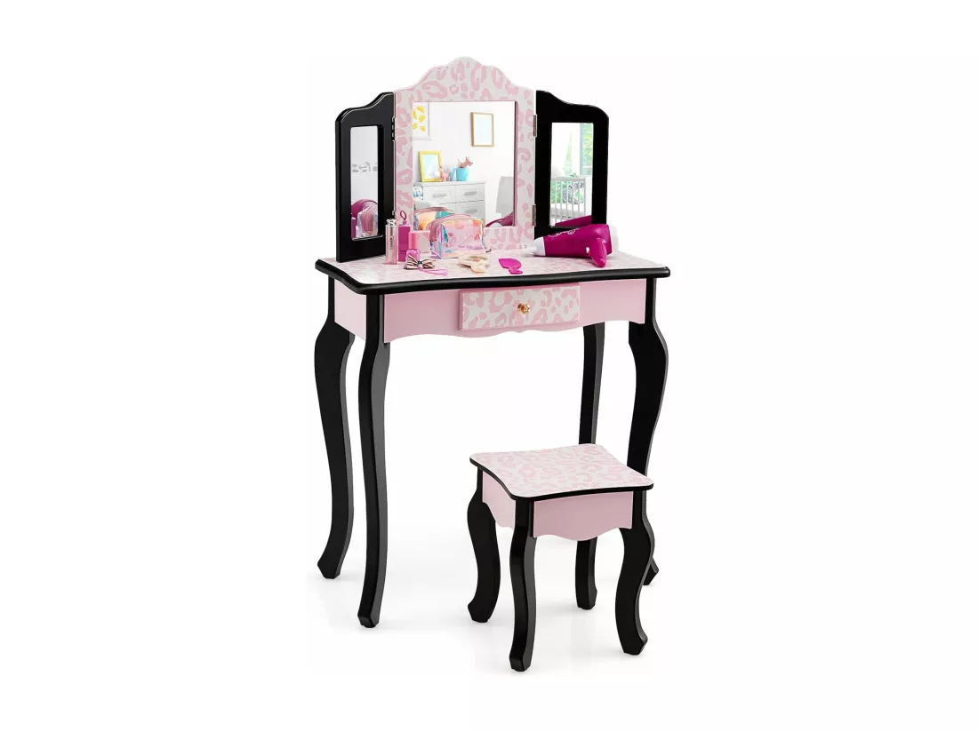 2 en 1 Coiffeuse Enfants Fille avec Miroir Amovible à 3 Volets & Tabouret, Table de Maquillage avec Tiroir & Dispositif Anti-Basculement, Charge 50kg pour Enfants de 3-7 Ans (Imprimé léopard)