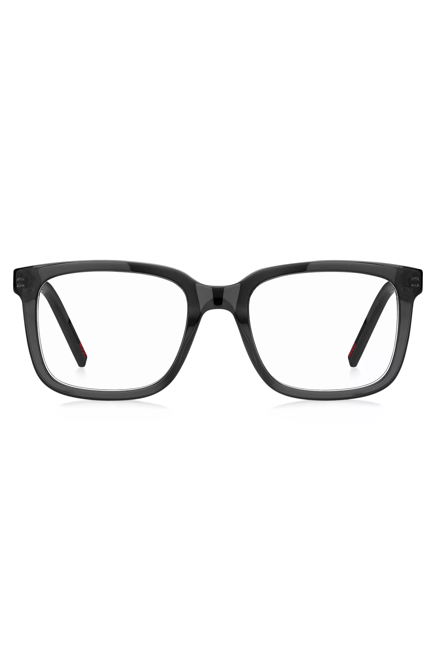 Armação de óculos HUGO em acetato vermelho e preto com logotipos vermelhos.