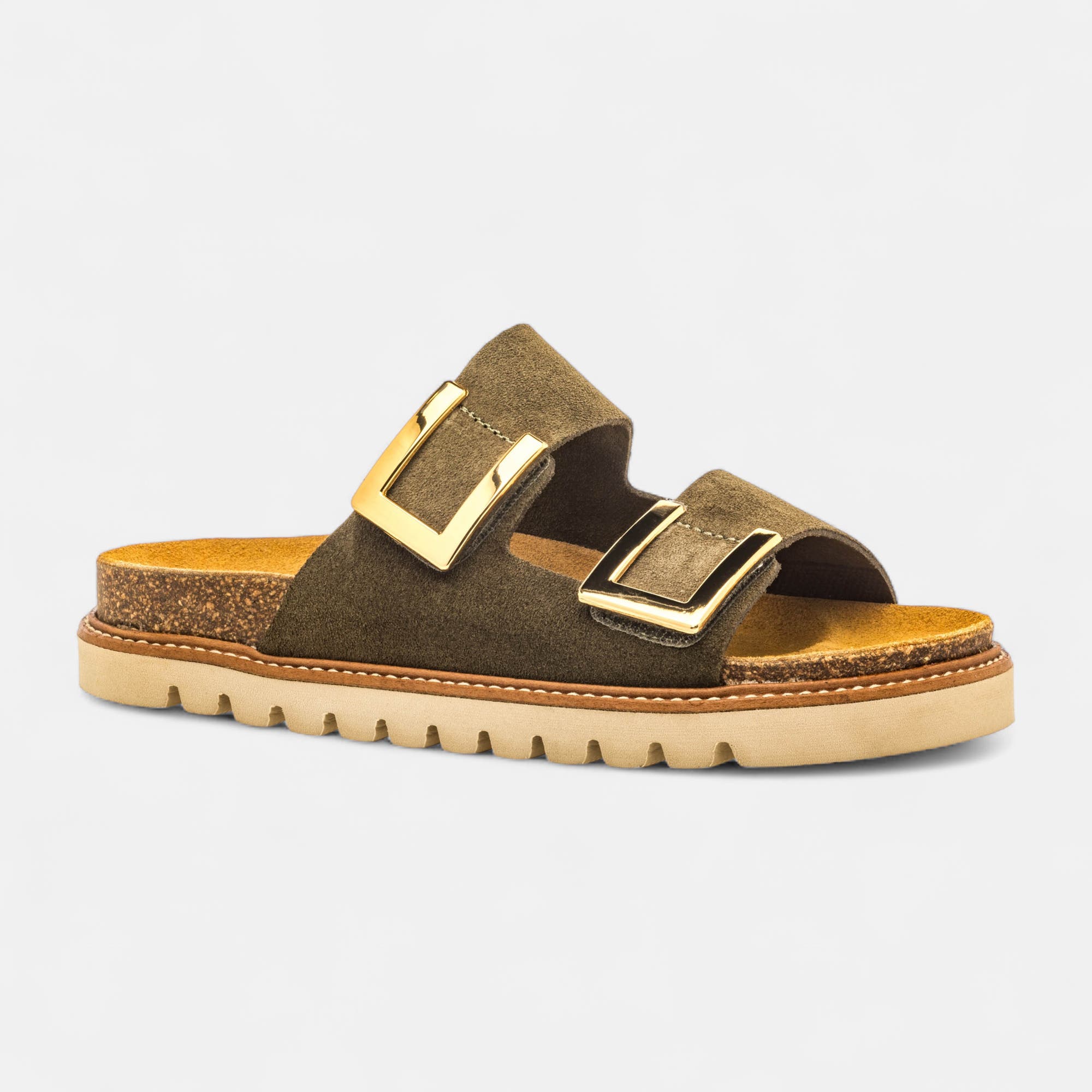 Mules semelle liège Femme en cuir kaki