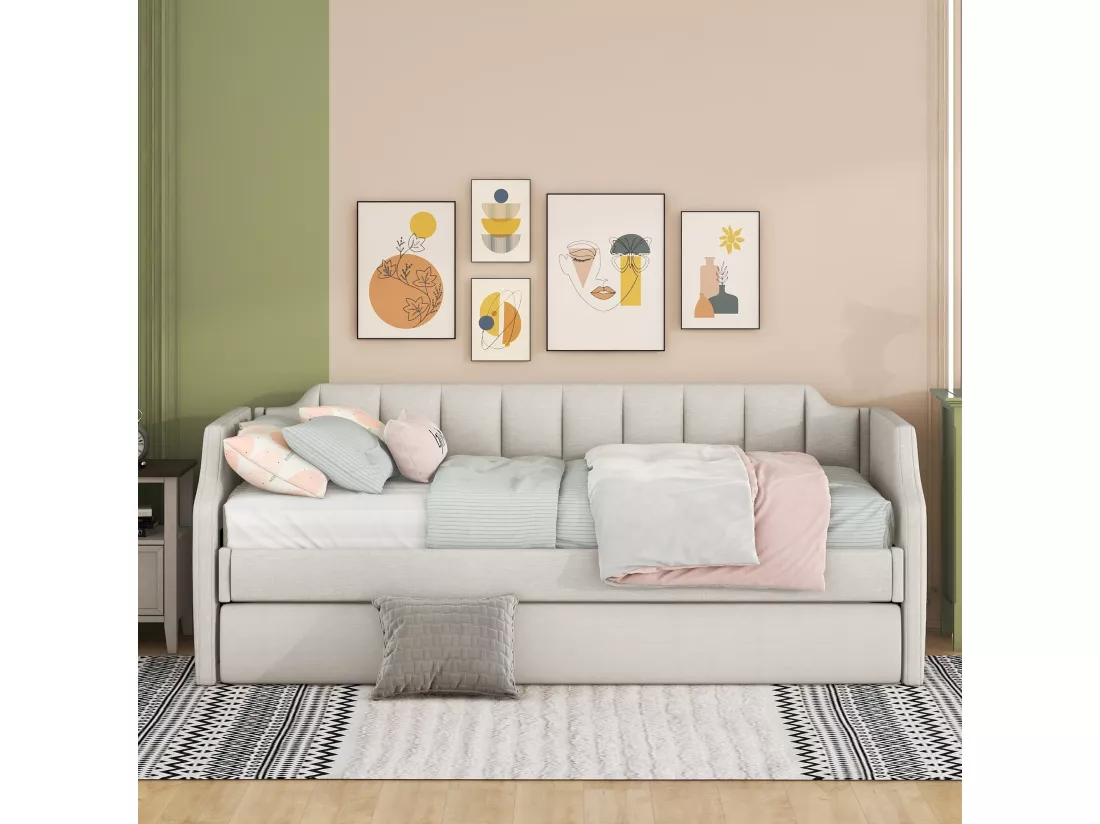 Lit gigogne 90x190/200cm en tissu de lin - avec sommier à lattes - Beige