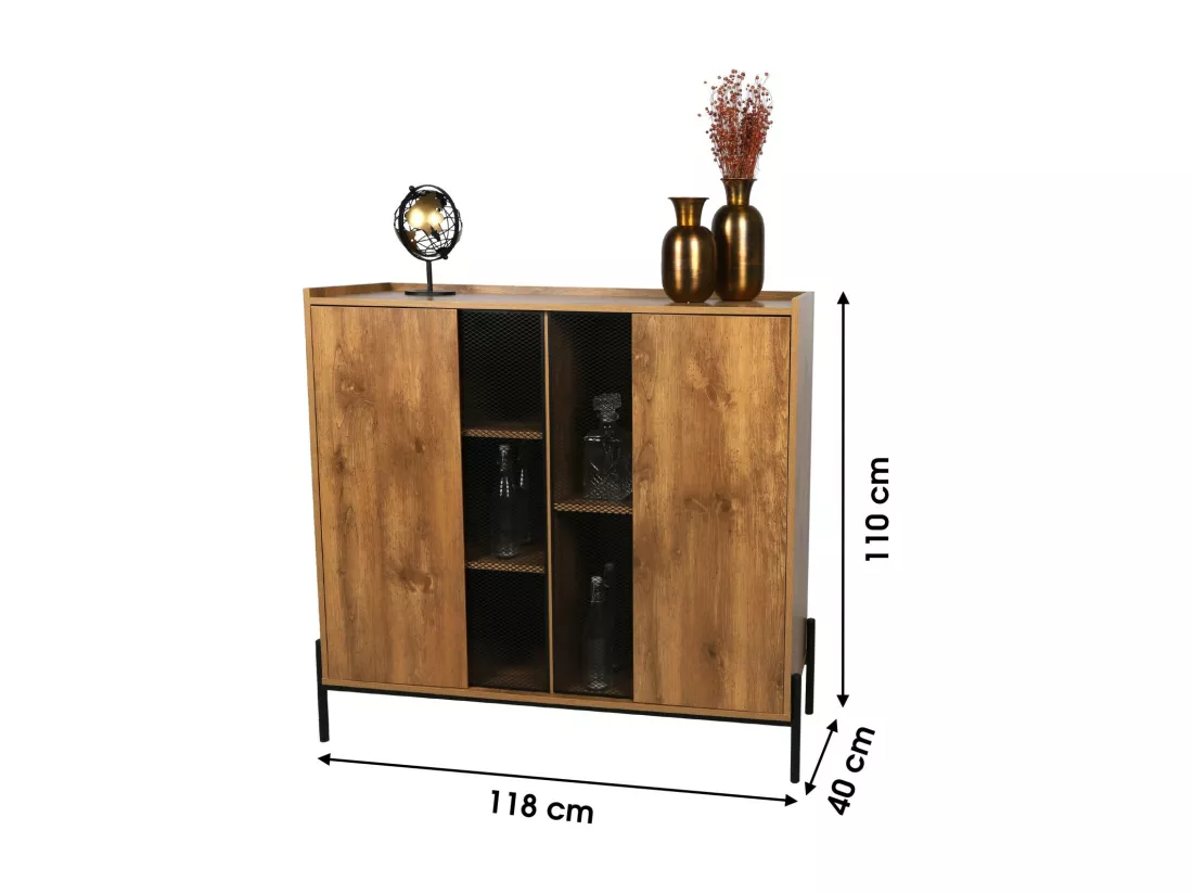 Buffet 2 portes grillagées et 5 niches collection HELIAS – Style rustique, dimensions 118x40x110 cm, coloris chêne foncé et noir