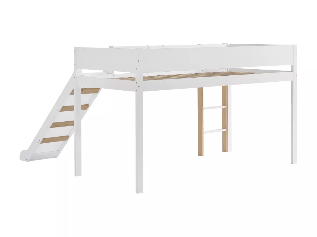 Lit mezzanine 90 x 200 cm avec toboggan et étagère amovible, pin+MDF, blanc+naturel