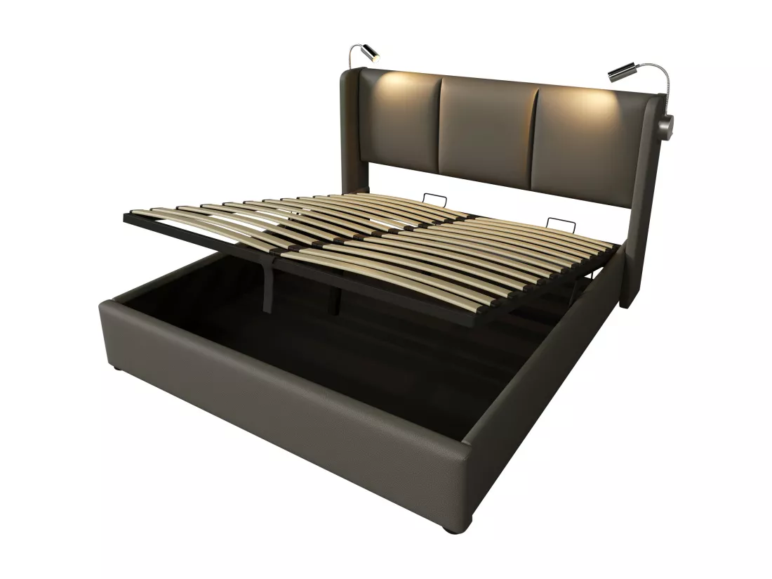 Lit coffre 160x200cm en similicuir - avec lampes de lecture et Ports de charge USB - avec sommier à lattes - Gris