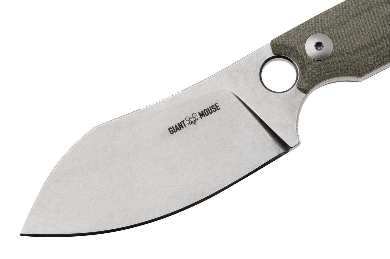 GiantMouse GMF1-XL Green Canvas Micarta, Stonewashed N690, Burgundy Leather Sheath, vaststaand mes