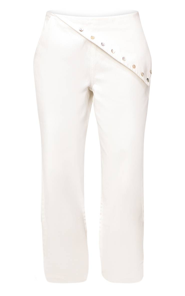 Blanc Jean À Panneau Asymétrique Détail Boutons Perle