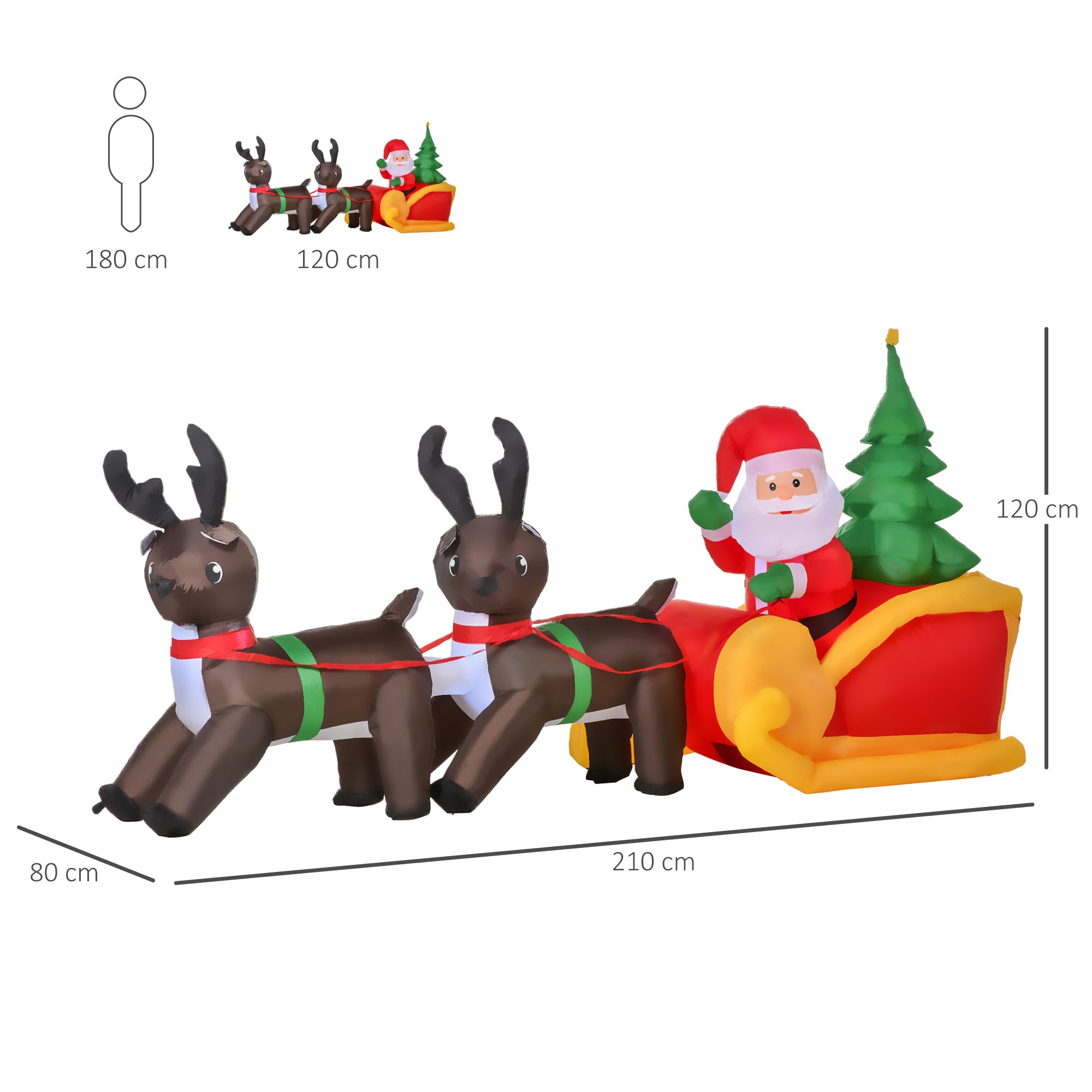 HOMCOM LED Rentierschlitten mit Weihnachtsmann aufblasbar warmweiß 210 x 80 x 120 cm (LxBxH)