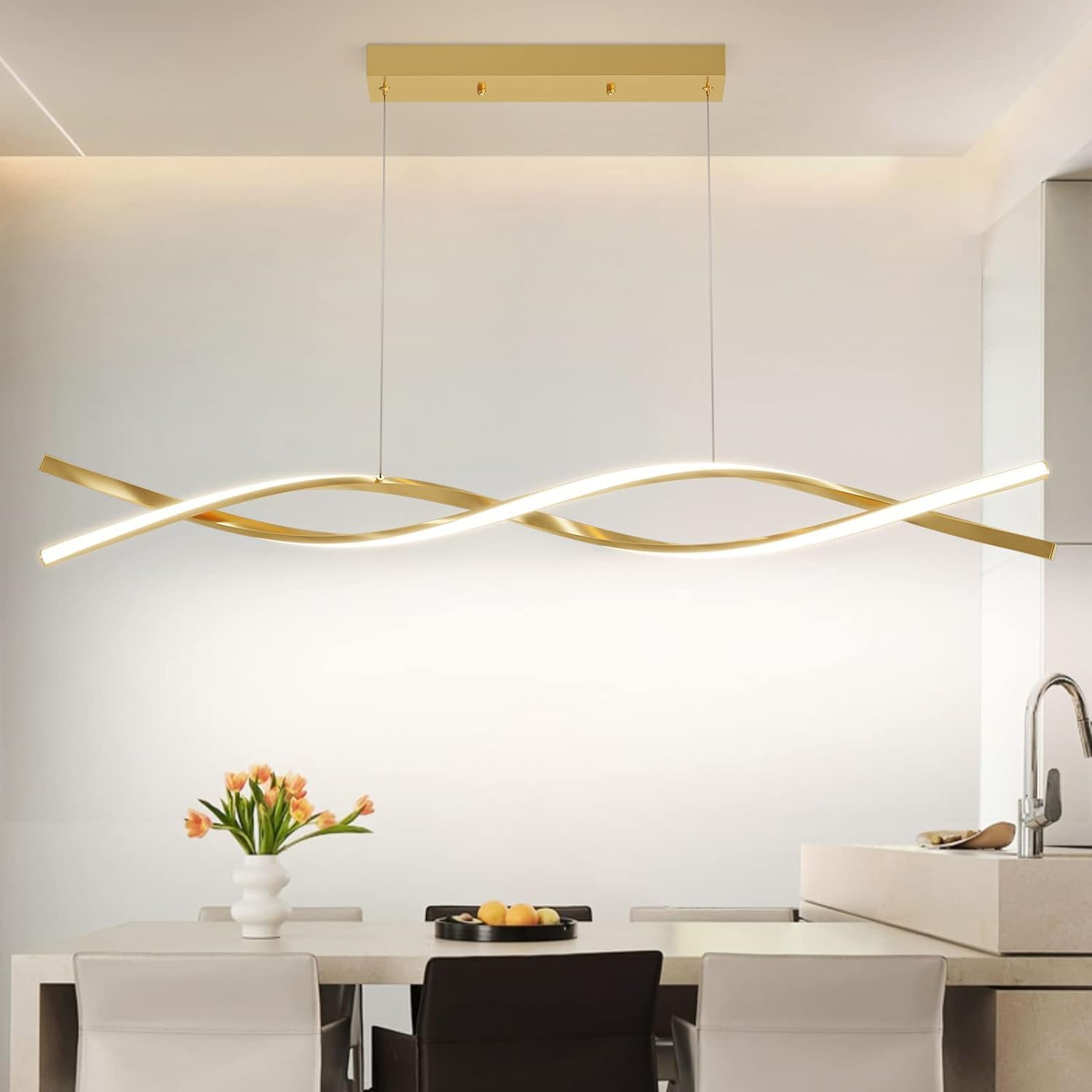 Mikeru LED Pendelleuchte esszimmer, 36W 100cm Moderne Kücheninsel Leuchten, Lineare Hängelampe Dimmbar mit Fernbedienung, Höhe 150cm einstellbar 10%-100% Einstellung der Farbtemperatur, Gold