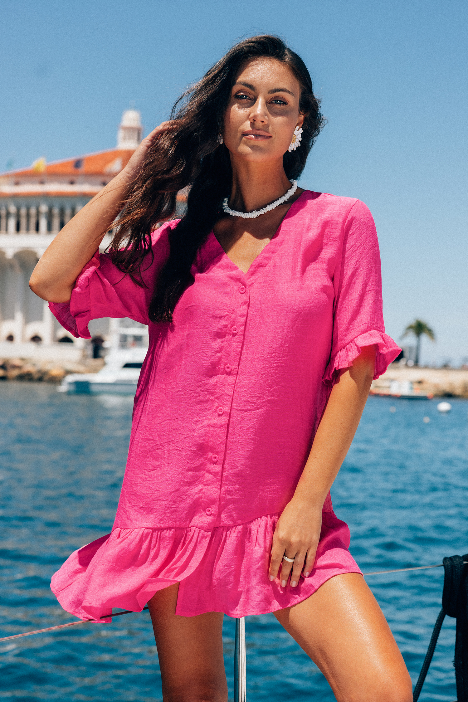 Robe cover up à volants fuschia