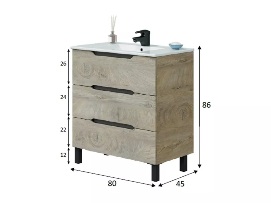 Meuble de salle de bain 80cm avec 3 tiroirs sans poignée coloris chêne à nœuds - Longueur 80 x Profondeur 45 x Hauteur 86 cm