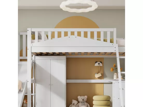 Lit mezzanine 90 x 200 cm avec bureau et toboggan, garde-robe - 5 étagères - Pin+MDF+contreplaqué - Blanc