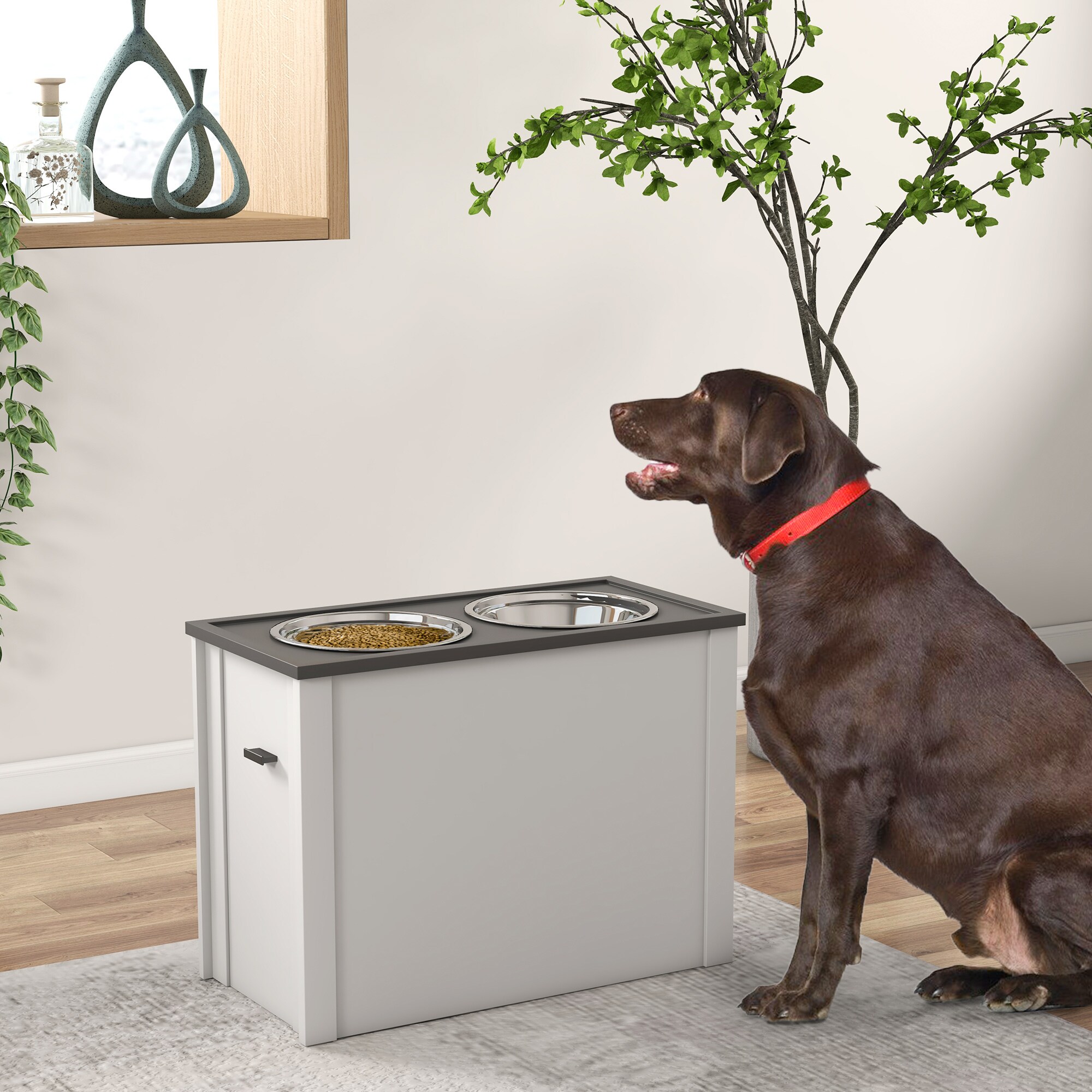 PawHut Erhöhter Futternapf mit abnehmbaren Schalen und Staufach an der Seite weiß 60L x 30B x 42H cm