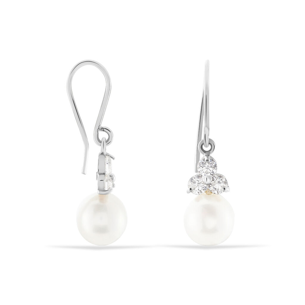 Boucles D'oreilles Pendantes Taissia Or Blanc Perle Culture Et Oxyde