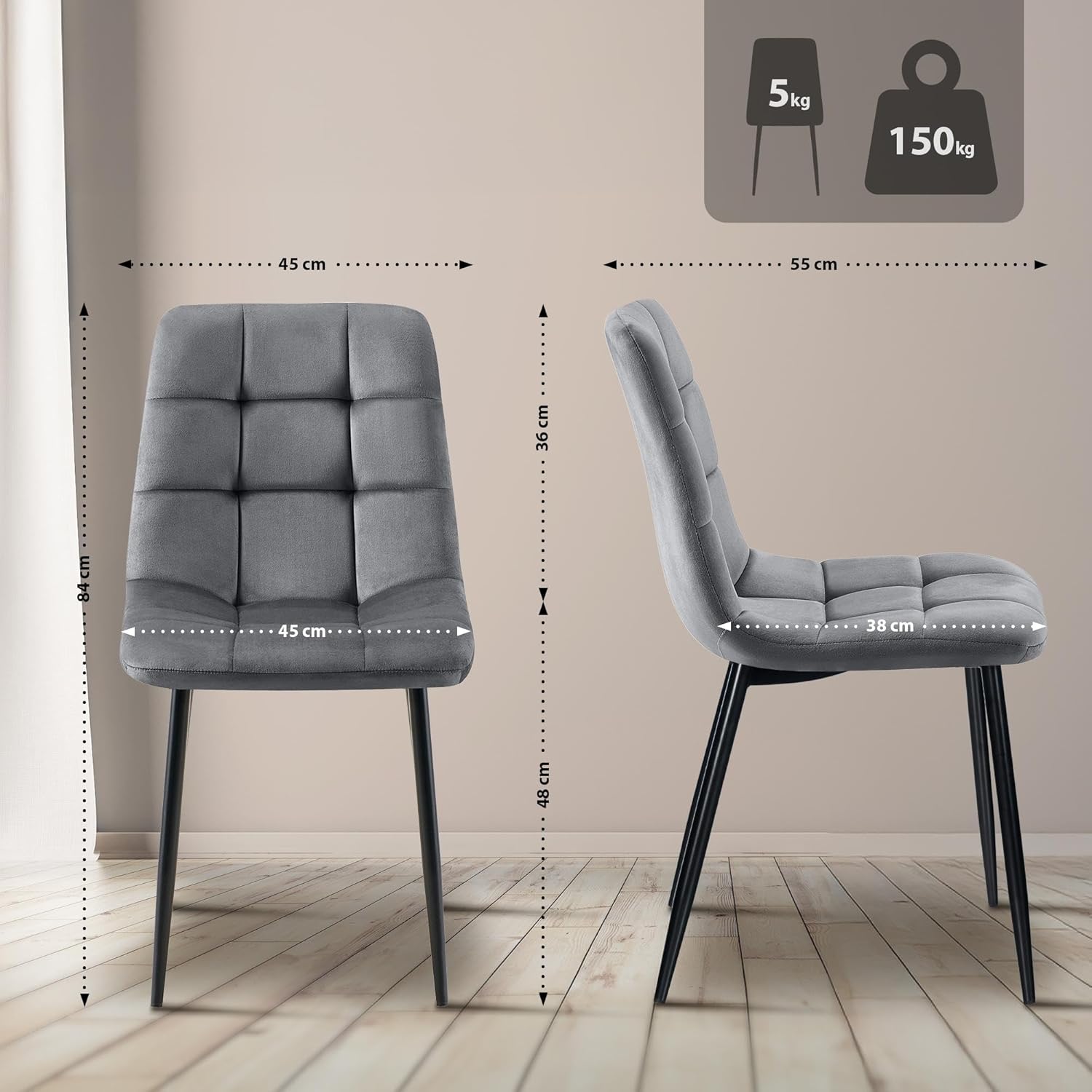 CLP 2er Set Esszimmerstuhl Tilde, Küchenstühle gepolstert mit gestepptem Bezug, Polsterstühle mit Metallgestell, bis 150 kg belastbar, Farbe:dunkelgrau, Material:Samt