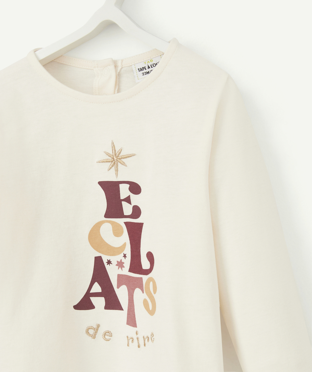 T-SHIRT BÉBÉ FILLE EN COTON BIO ÉCRU AVEC ÉTOILES COULEUR DORÉE ET MESSAGE