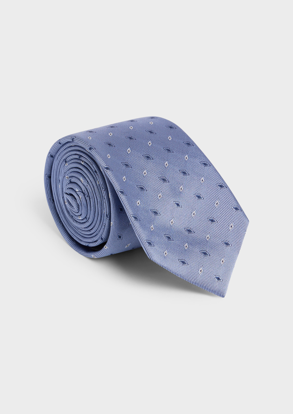 Cravate large en soie bleu chambray à motifs géométriques bleu et blanc