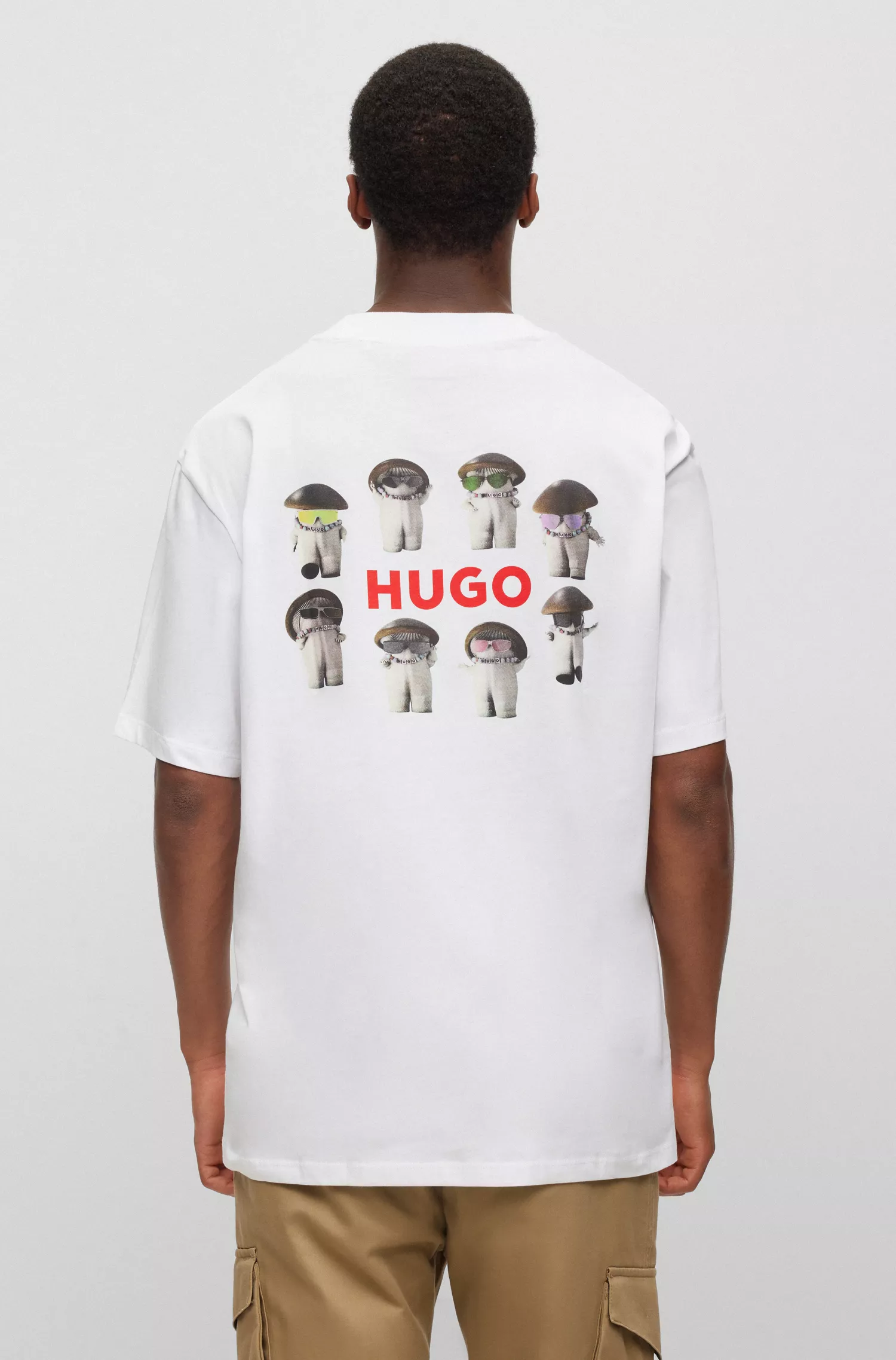Camiseta HUGO vermelha de malha de algodão com estampa de cogumelos e modelagem relaxada.