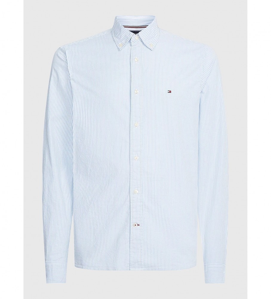 Camisa listrada Tommy Hilfiger TH Flex da coleção 1985, azul.